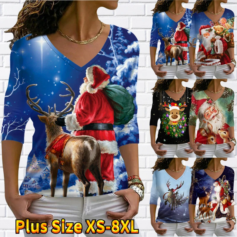 

2022 New Autumn V-Neck Father Christmas Print Long Sleeve Everyday Street Simple Style Top Casual Pullover Christmas T-shirt