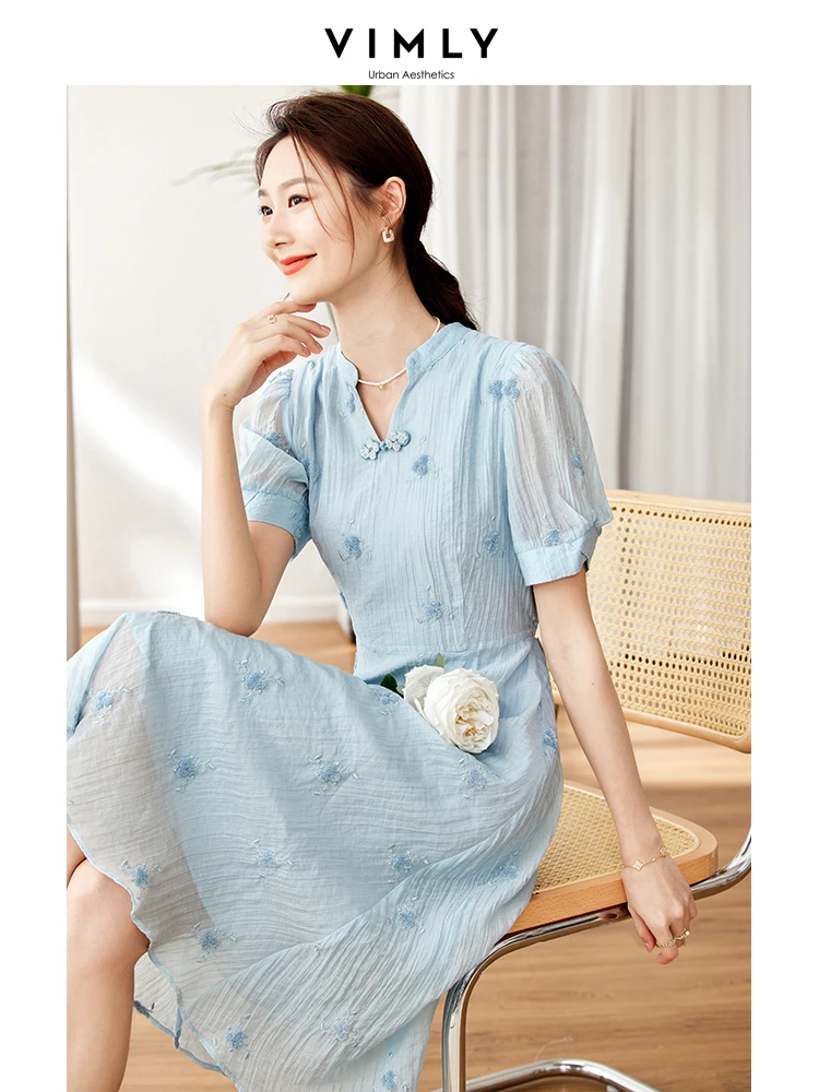 

Vimly Lady New In Chinese Style Disc Buckle Midi Dress Female Slim Waist Blue Lyocell Jacquard Summer Dresses for Women 2023