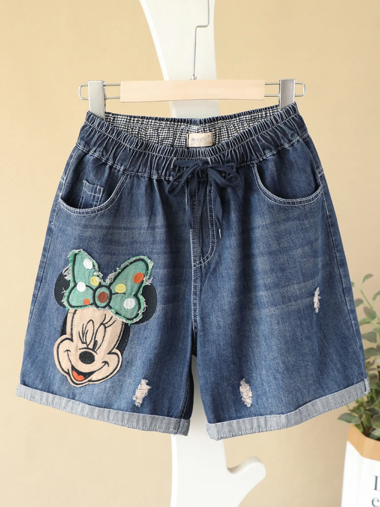 Summer Cartoon Patch Embroidered Denim Shorts Women's Clothes Loose Oversize Ripped Wide-Legged Hot Pants Thin Short-Length Pant