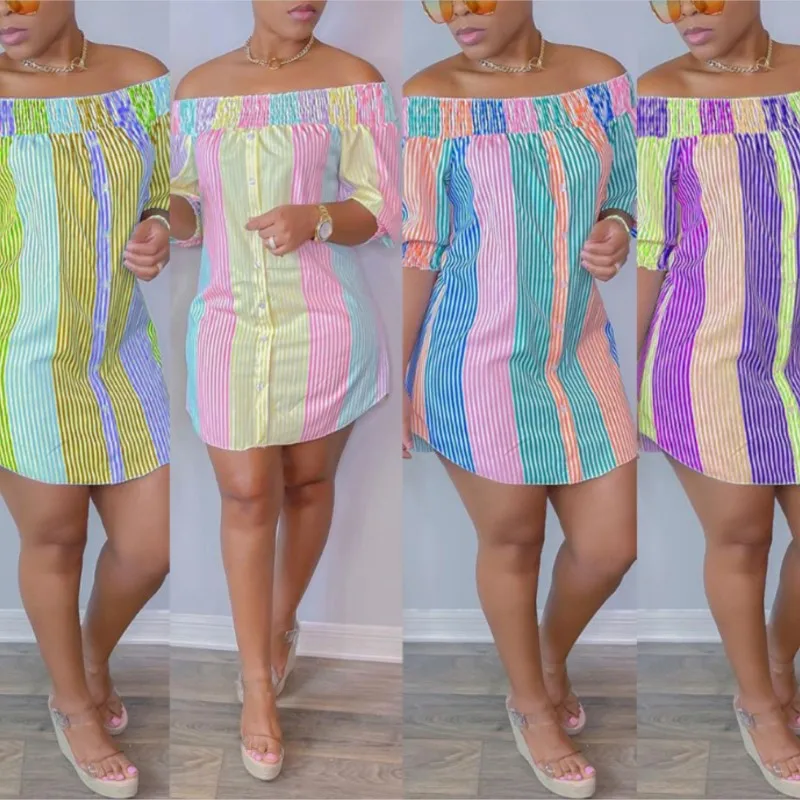 

Женское мини-платье в полоску, с открытыми плечами и рукавами-фонариками