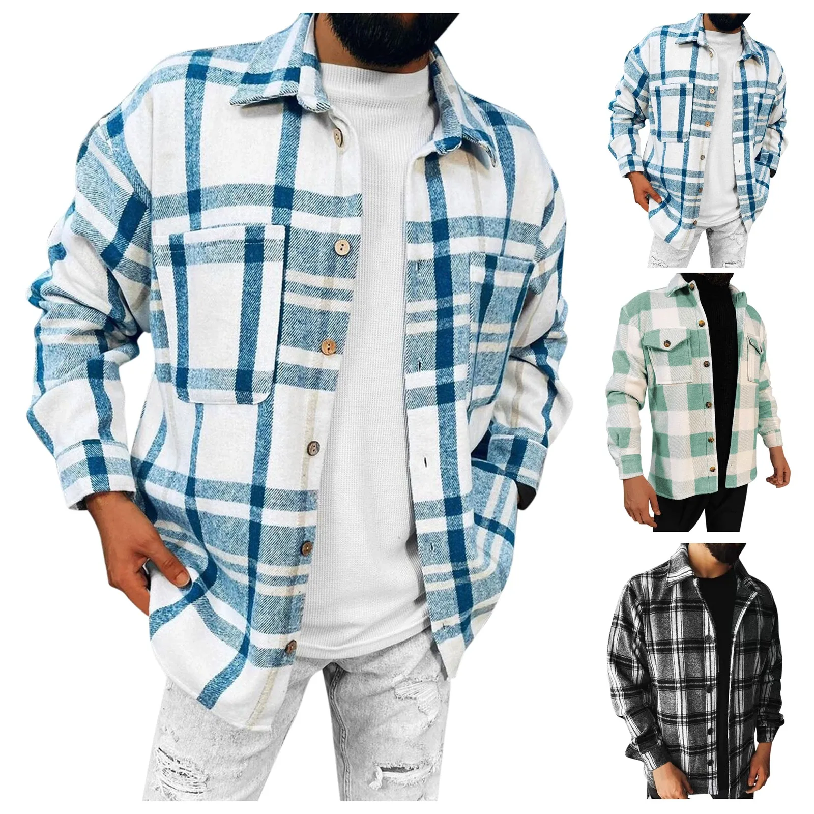 

Men's Autumn And Winter Casual Color Plaid Single-breasted Warm Thick Long-sleeved Shirt Jacket Men Trendy Clothing 2021