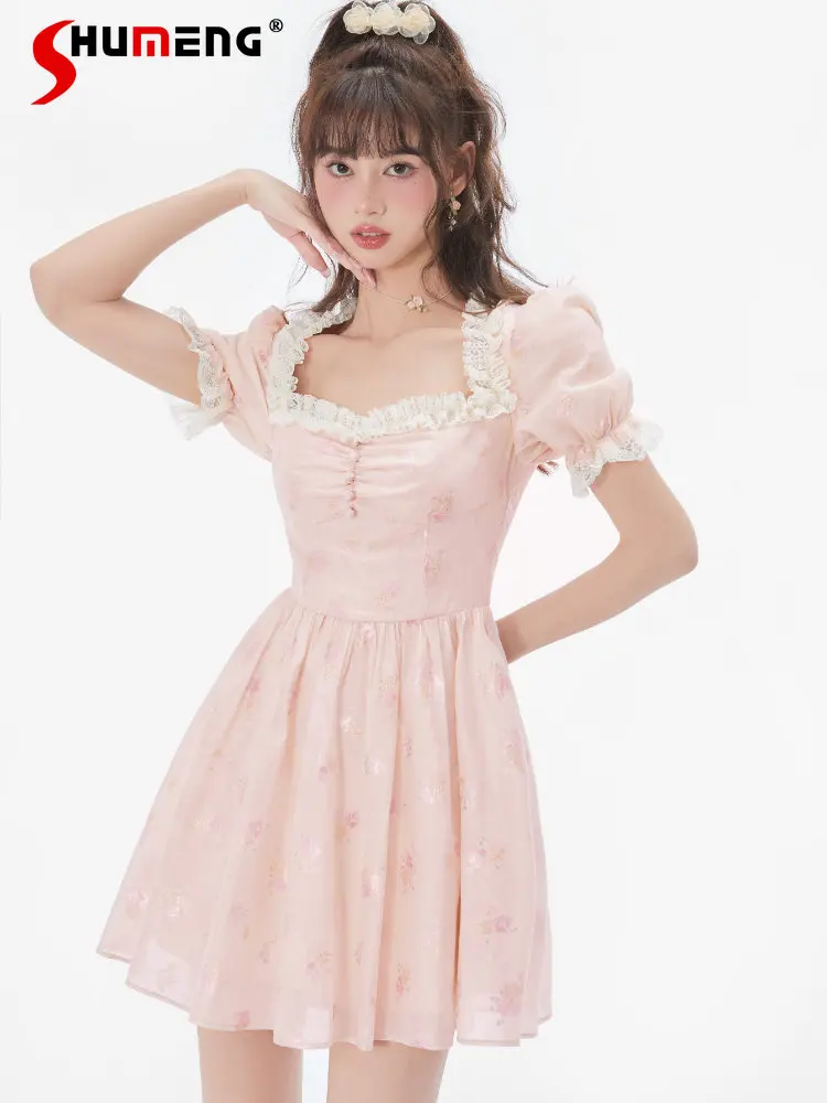 

Lolita Sweet Pink Short Dress 2023 Summer New Japanese Style Cute Short Puff Sleeve Lace Stitching A-line Short Dress for Women