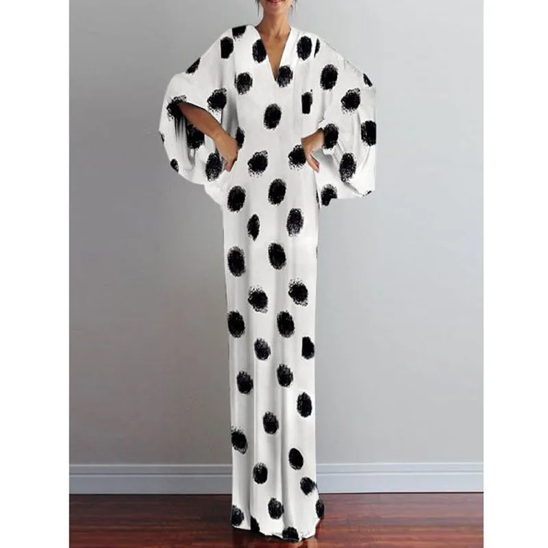 Женское платье-макси в горошек с V-образным вырезом и длинным рукавом