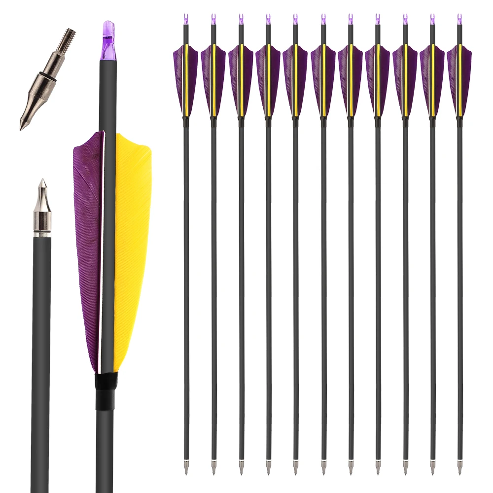 

30 Inches Pure Carbon Arrow Diameter 7.5mm Spine 400 with 4 Inches Turkey Feather for Compound Bow Archery Hunting