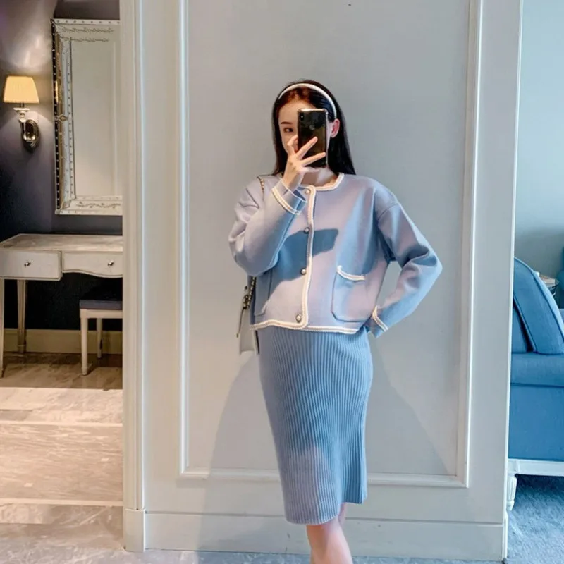 

6115# Autumn Winter Fashion Knittd Maternity Cardigan Vest Dress Sets Elegant Sweaters Clothes for Pregnant Women Pregnancy Suit