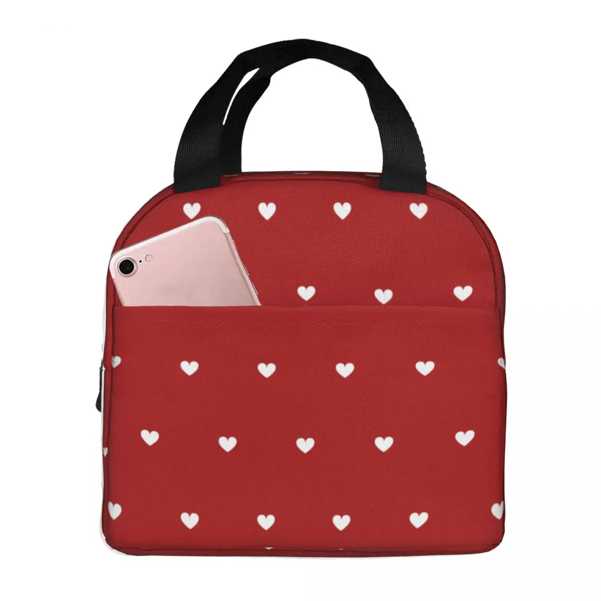 White Hearts Pattern On Red Background Lunch Bags Portable Insulated Cooler Thermal Picnic Travel Lunch Box for Women Children
