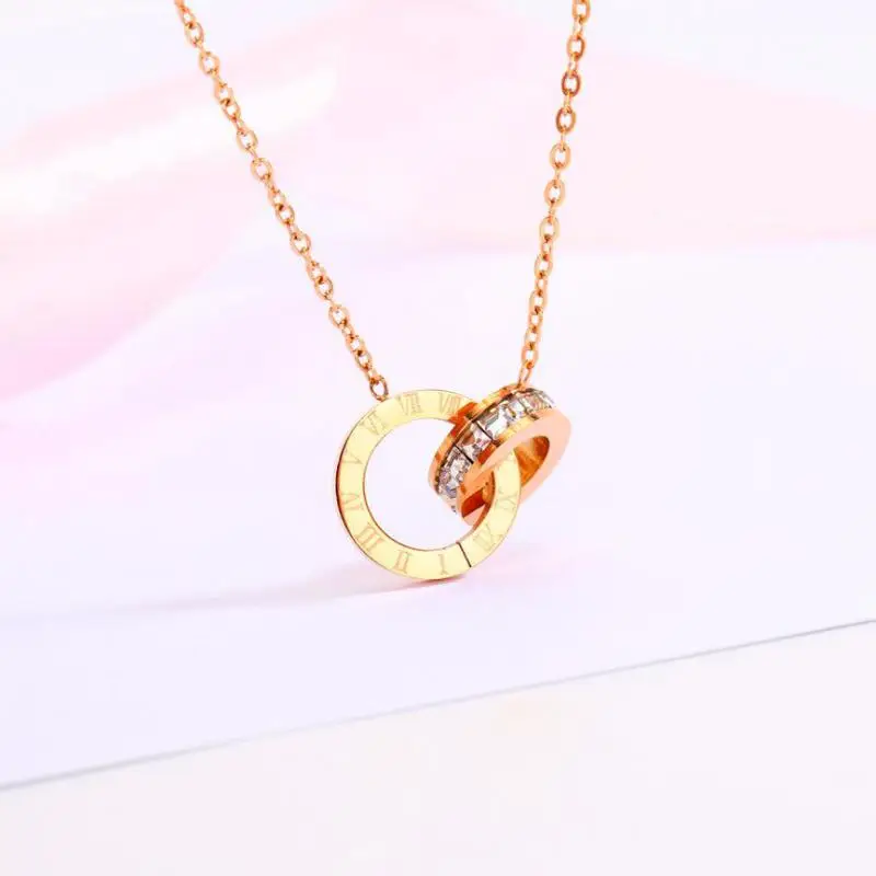 

Necklaces For Women Titanium Steel Rose Gold Roman Double Ring Digital Collarbone Chain Korean Style New Fashion 2022 As A Gifts