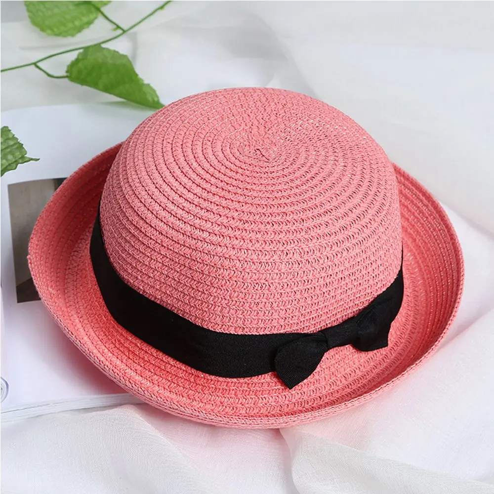 

Women Pink Soft Straw Round Top Fedora Hat Ribbon Bowler 2" Floppy Roll Brim Casual Dome