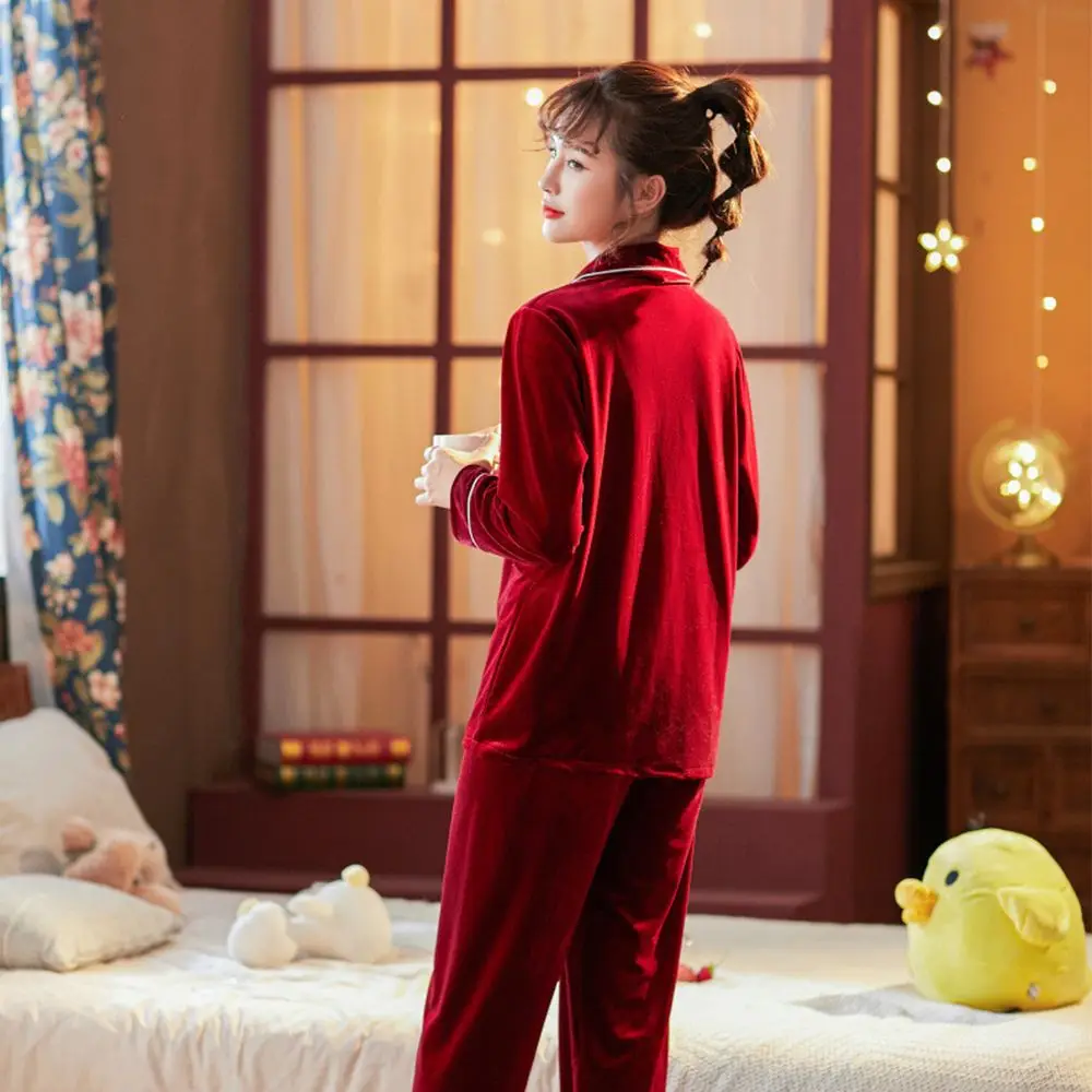 

Теплые Элегантные парные однотонные модные дизайнерские женские пижамы, пижамный комплект, Корейская Домашняя одежда, золотой бархат