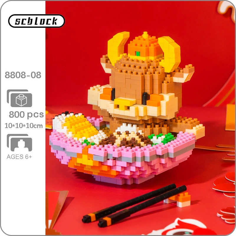 

SC 8808-08 Spring Festival Ox Year Noodle Chopsticks Cute Cow Animal Mini Diamond Blocks Model Building Bricks Toys for Children