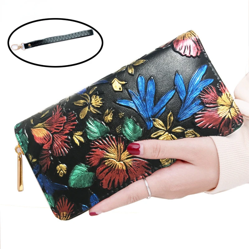 

PU Wallet Women 3D Embossing Rose Flower Butterfly Clutch Long Large Capability Zipper Purse Wristlet Ethnic Style Phone Bag