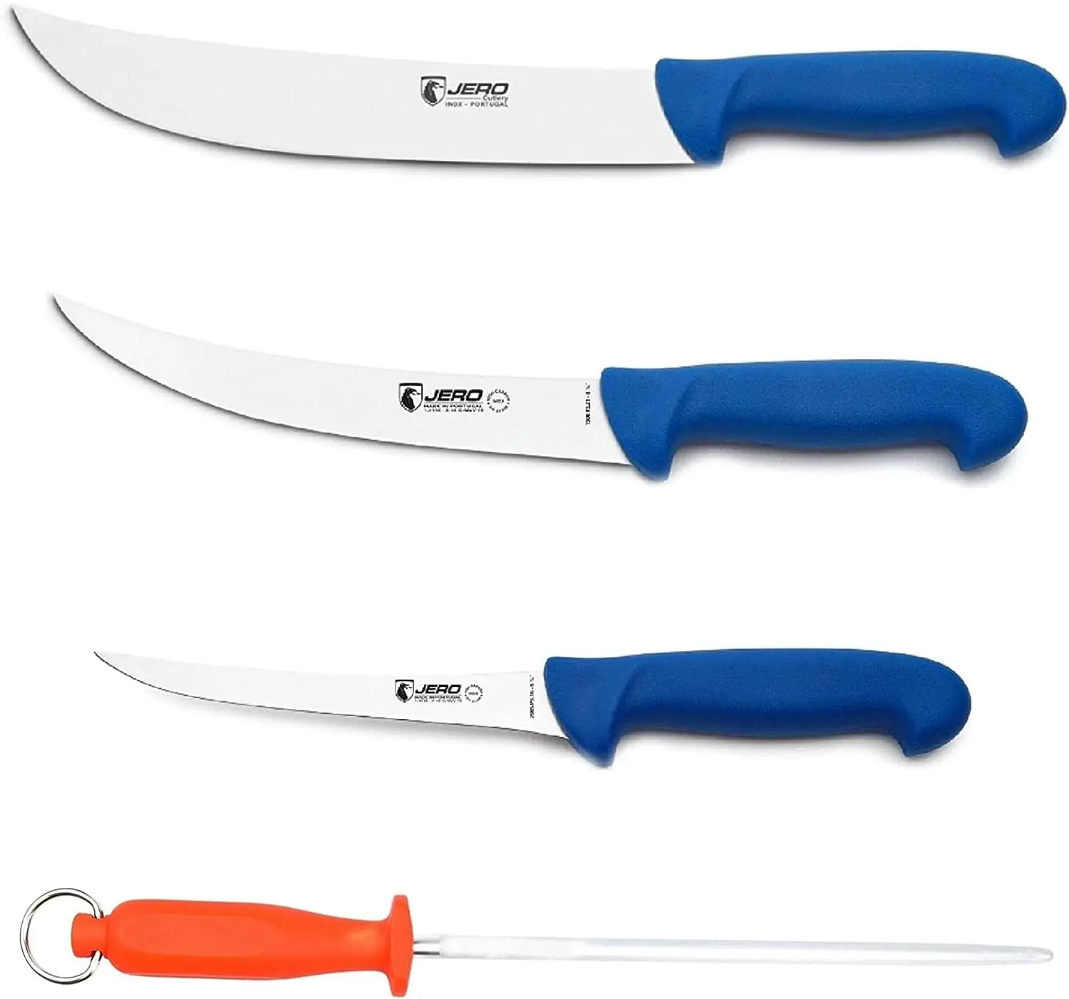 4 Piece P3 Butcher Meat Processing Set, Cimeter, Breaking, and Boning Knives - Includes Mundial Sharpening Steel