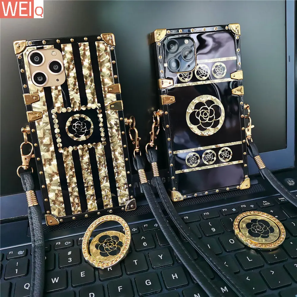 

Brand Glitter Flower Case for iphone 14 PRO MAX 11 13 PRO 12 PRO MAX X XS XR 7 8 14 PLUS Lanyard Bling Gold Square Phone Cover