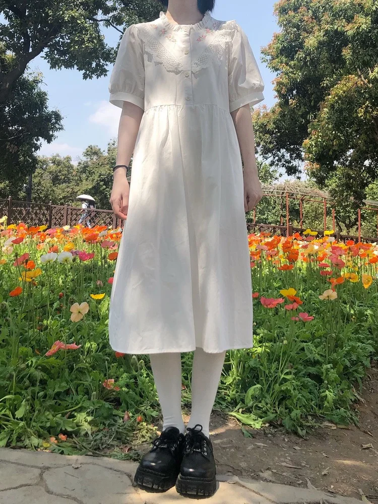 

QWEEK Kawaii Lolita платье для женщин японское милое кружево Цветочная вышивка пышные рукава белые платья 2022 летние милые девушки
