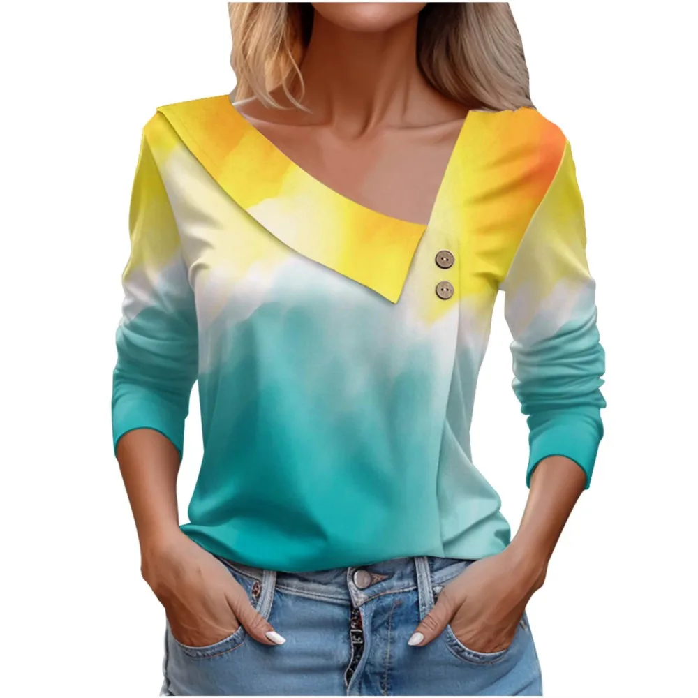 

Autumn Women's Fashion Ombre Print Blouse Long Sleeve Fashion V-Neck Buttons T-shirt Vintage Print Pullover Elegant Tops Tee