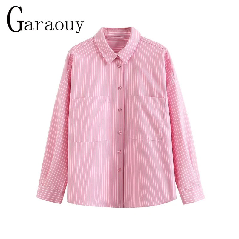 

Garaouy 2023 Весенняя женская розовая полосатая однобортная рубашка с длинным рукавом Женская шикарная Свободная блузка с карманами блузки Повседневный Женский Топ