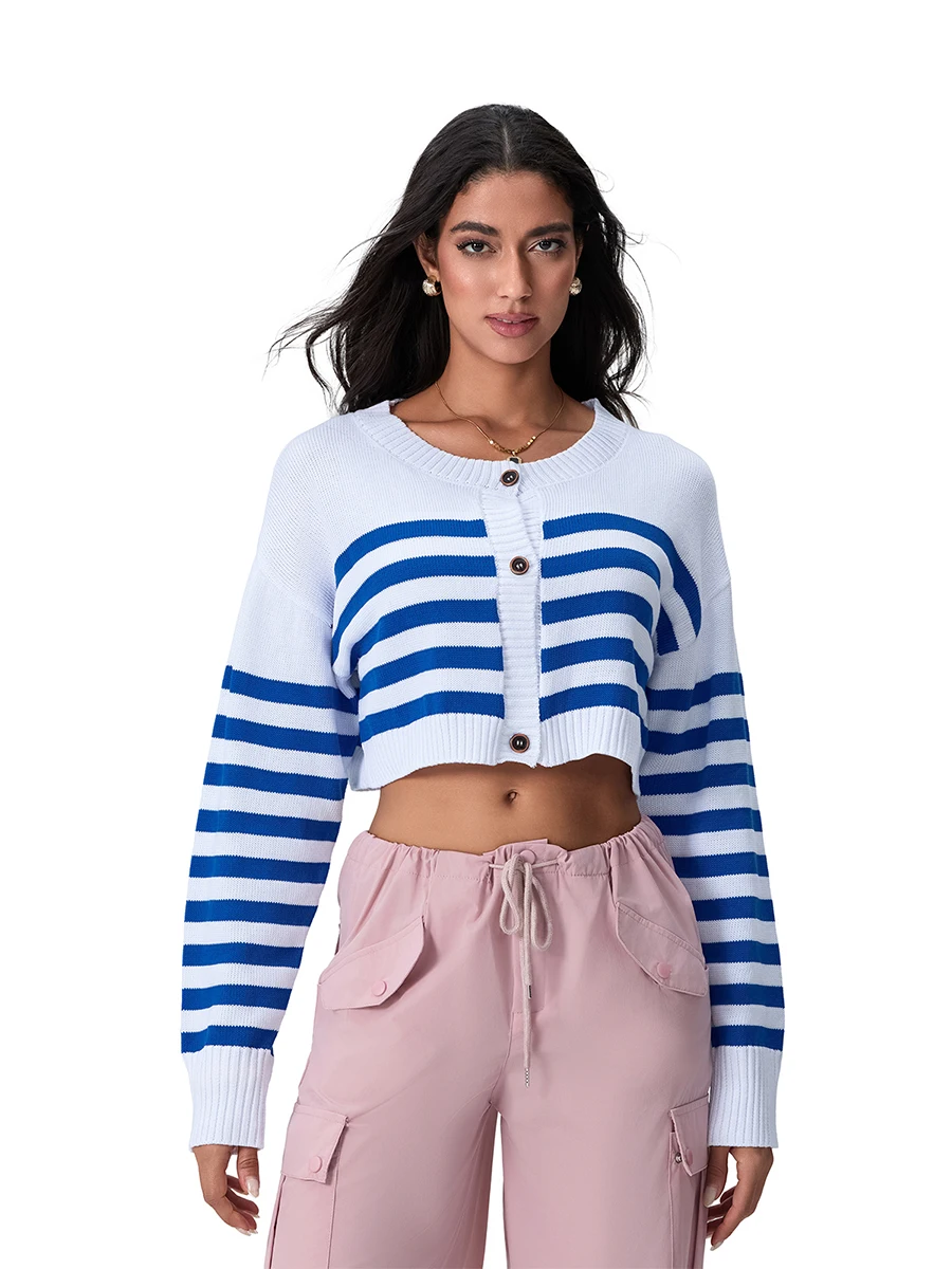 Женский вязаный кардиган с длинным рукавом и пуговицами в полоску осенний