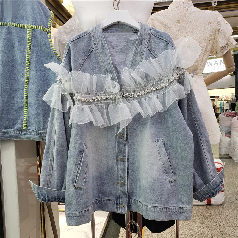 

Korean Vintage Blue Diamonds Splicing Mesh Denim Jacket Coat Women V Neck Cowboy Outerwear Loose Mid Long Jeans Jackets Female