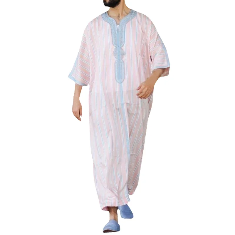 Men's V-neck Printed Muslim Robe European and American New Short Sleeved Jumpsuit Arab Ethnic Style