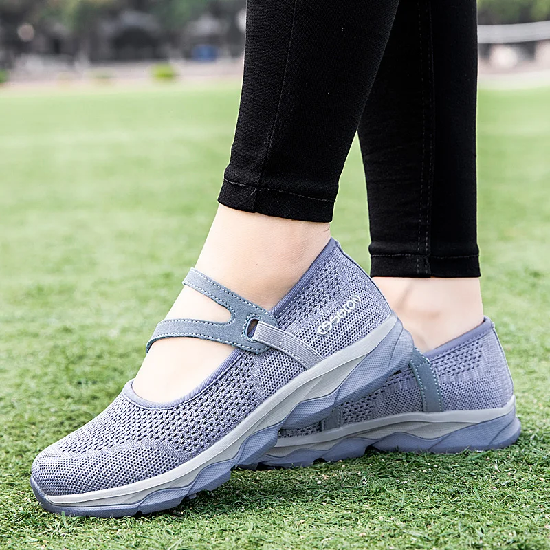 STRONGSHEN Women Mesh Breathable Casual Shoes Summer Light Walking Shoes Slip on Flat Mom Shoes Non-slip Chaussure Femme