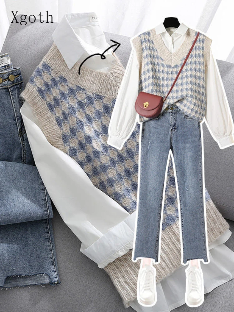 

Oversized Women 3pcs Suits High-end Spring Pants Sets New Female Office Wear Vest + Slim Fashion Matching Shirt + Casual Jeans