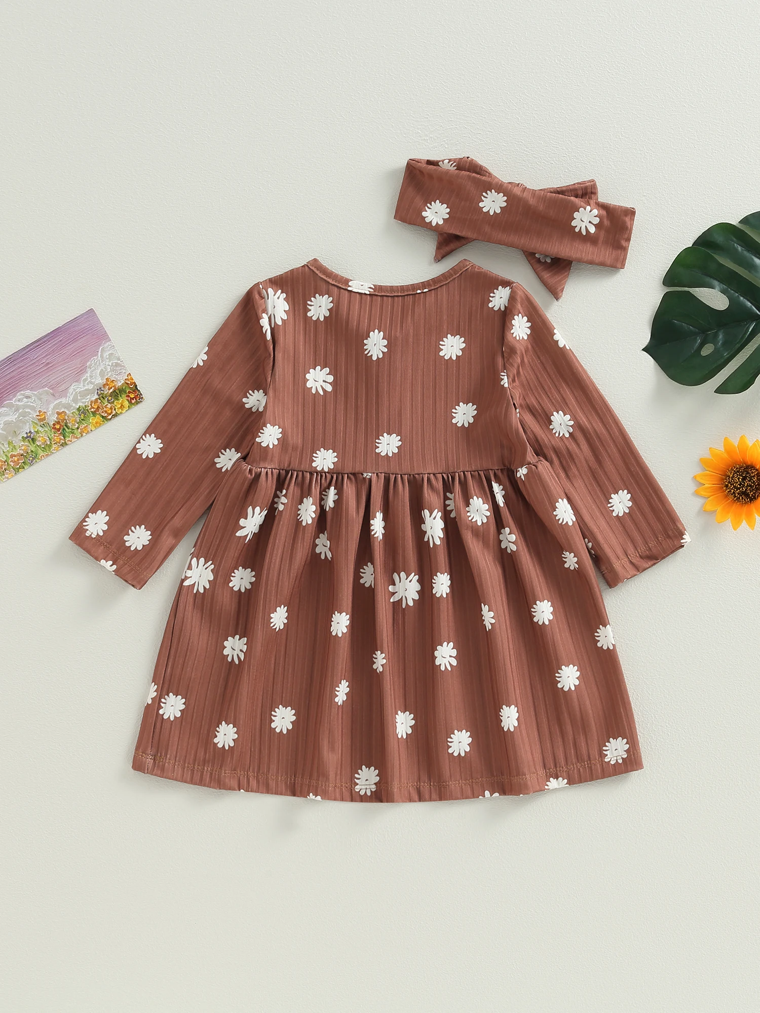 

Infant Baby Girls Dress Autumn Toddler Button Skirts Long Sleeve Crewneck Floral Print Clothes Set with Headband (Brown 2-3