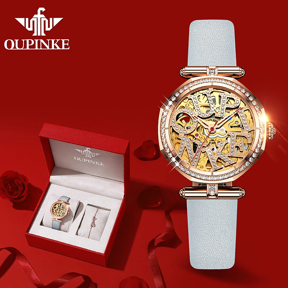 OUPINKE Luxury Skeleton Women's Watches Sapphire Mirror Waterproof Mechanical Genuine Leather Lady Watch Bracelet Set enlarge