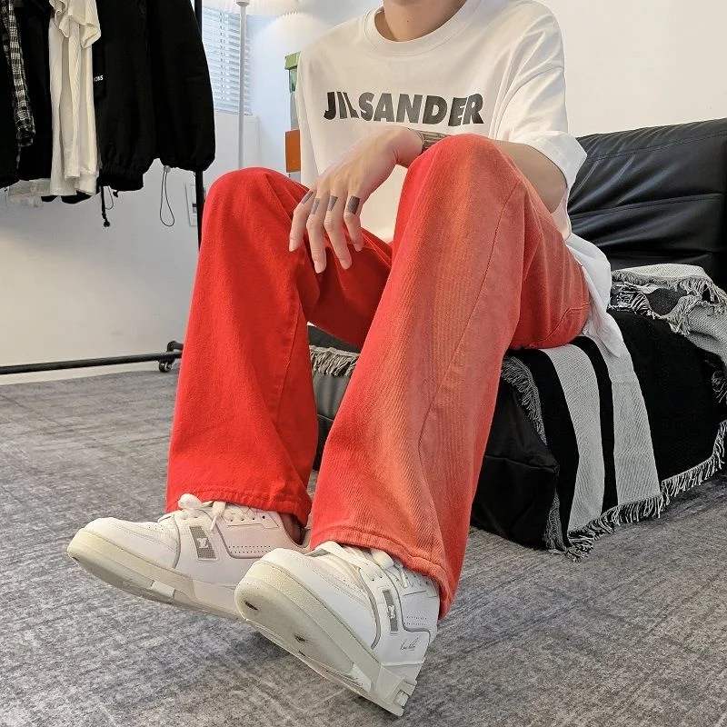 Summer Red Jeans Men Fashion Casual Straight Jeans Men Harajuku Streetwear Hip Hop Loose Denim Pants Mens Trousers S-3XL