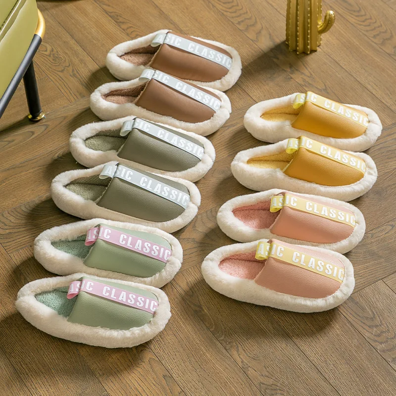 Women slippers home Plus size PU Leather Slippers house Winter Waterproof indoor Fur Male Memory foam Massage Cotton slipper