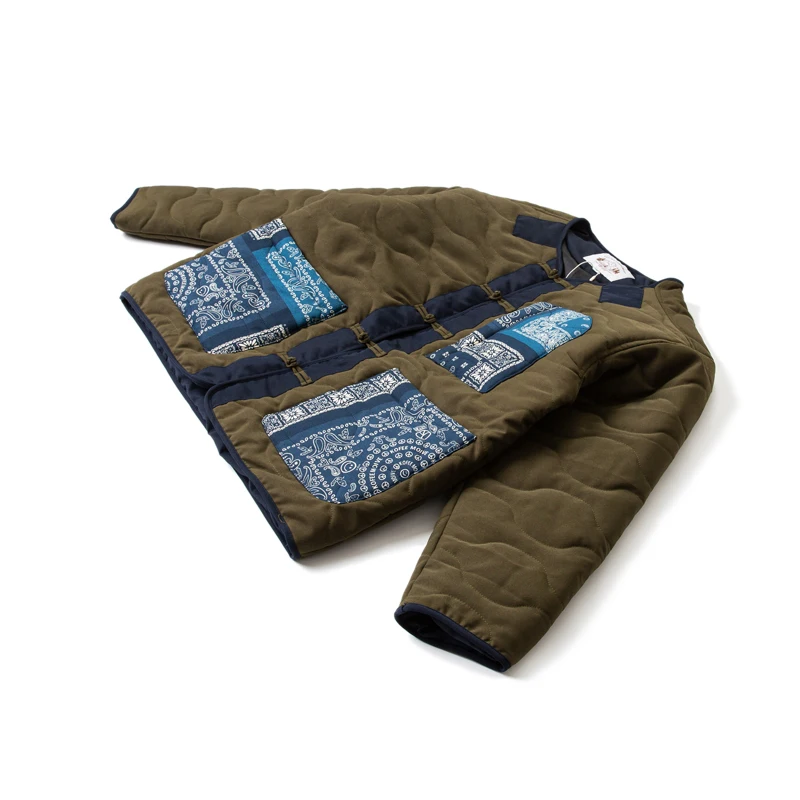 Retro Wear Cashew Flower Pocket Stitching Buckle Element Men's Cotton Jacket Print Button Loose Green Collarless Coat Padded