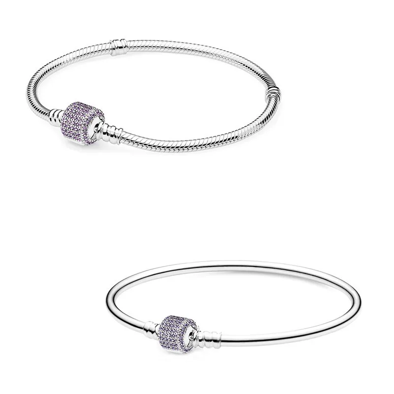 

Authentic 925 Sterling Silver Moments Purple Logo Signature Barrel Clasp Bracelet Bangle Fit Bead Charm Diy Fashion Jewelry