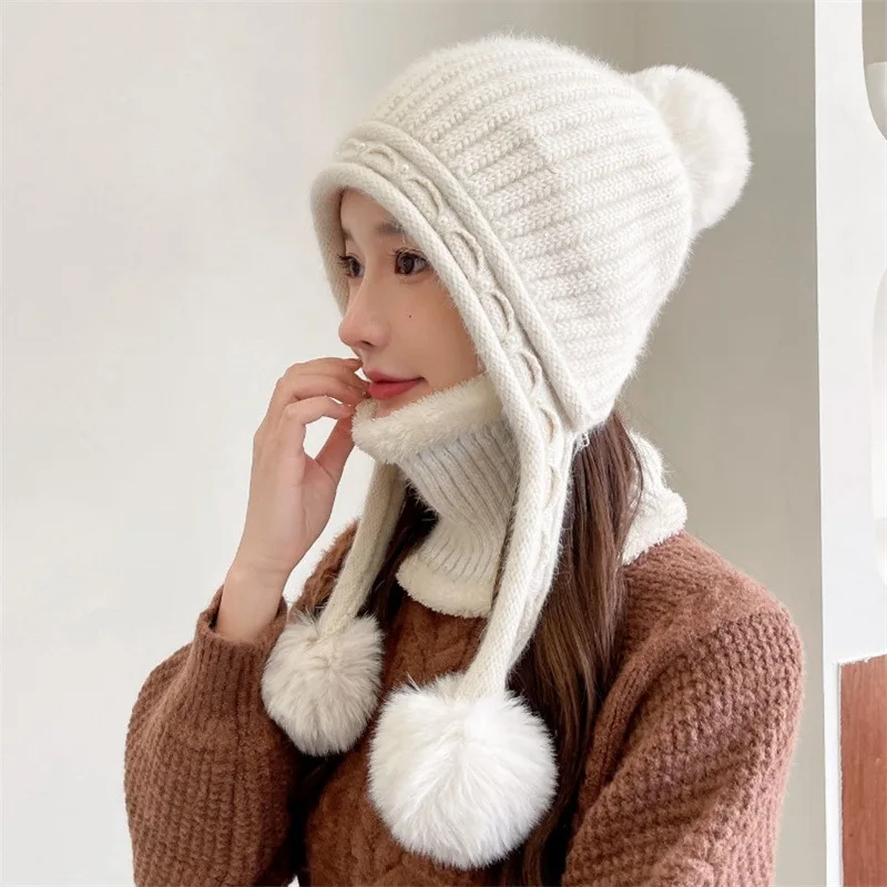 Fashion Women Winter Knitted Hat Scarf Set Outdoor Women Warm Beanies Hat Scarf Female Lady Wool Pom Pom Earflap Cap Scarves