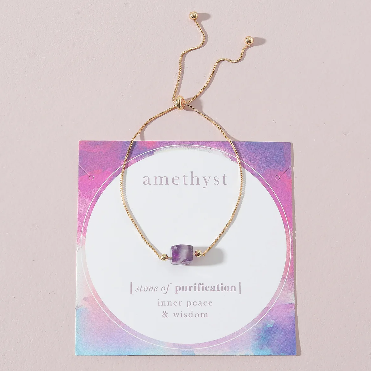 

New Simple Purple Stone Amethyst Geometric Squares Beads Gold Chains Adjustable Bracelet For Women Fashion Boho Jewelry