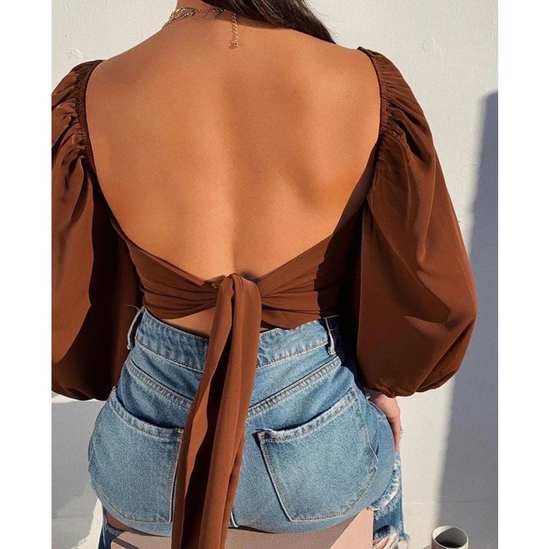 Кроп-топ женский однотонный с рюшами открытыми плечами и открытой спиной - купить