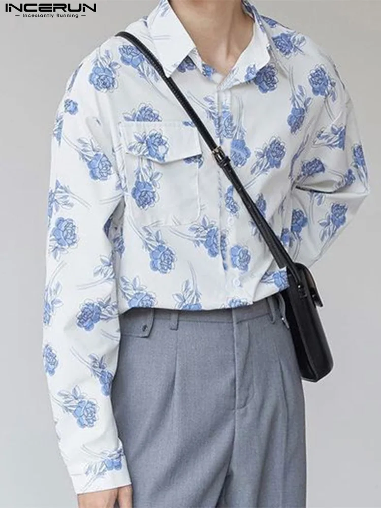 

INCERUN Tops 2022 Korean Style Handsome New Men Blouse Floral Loose Comfortable Fashion Casual Male All-match Lapel Shirts S-5XL