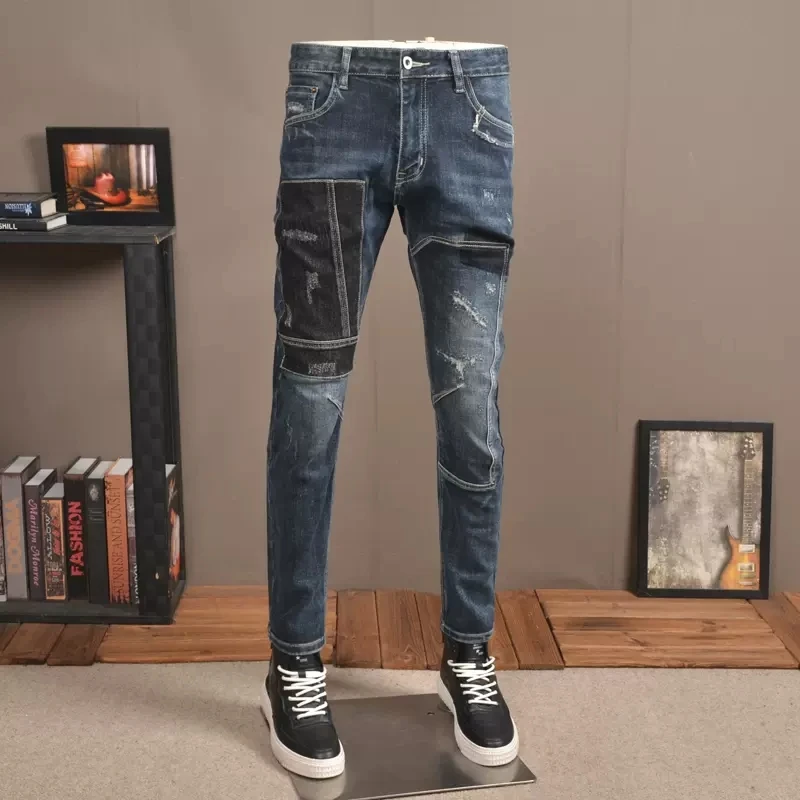 Men Blue Ripped Jeans Autumn Streetwear Black Patchwork Slim Fit Pencil Pants Korean Style Casual Denim Trousers CP2022