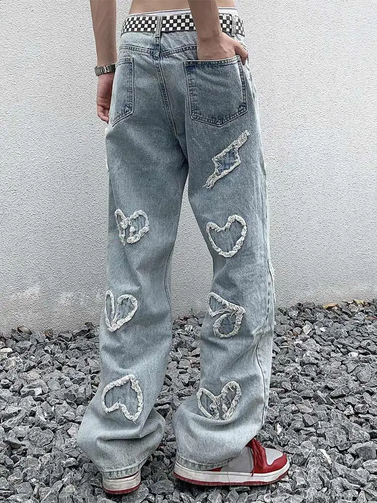 

Men Raw Edge Patchwork Jeans Neutral Wide Leg Denim Trousers Aesthetic Loose Straight Pants Vintage Casual Hip Hop Streetwear