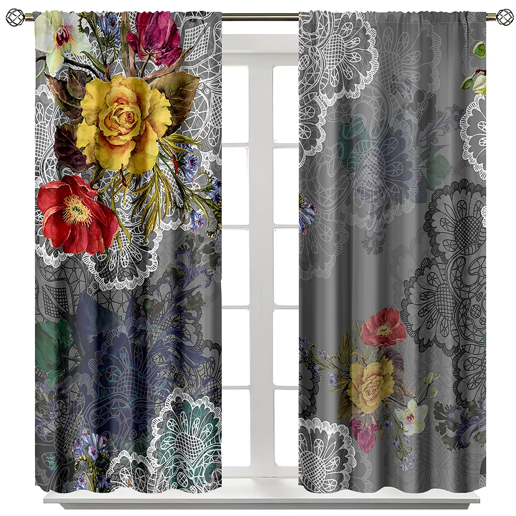 

Hot Selling Curtain Grey Background Yellow Red Flower Print Thin Curtain Bedroom Living Room Window Home Decoration 2Pcs Shading
