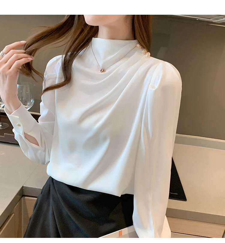

Summer Women Satin Blouses Long Puff Sleeve Shirt