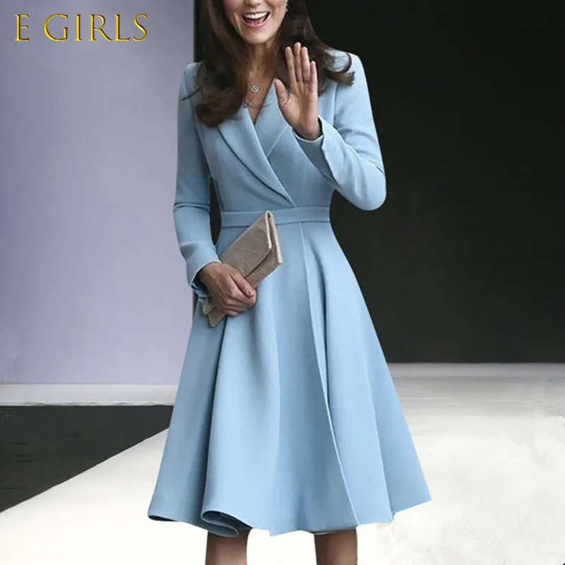 E GIRLS Fashion Elegant Blazer Dresses Ladies Office Formal Wear Kate Princess Suit Jacket High Quality Autumn Fall Blue Dress