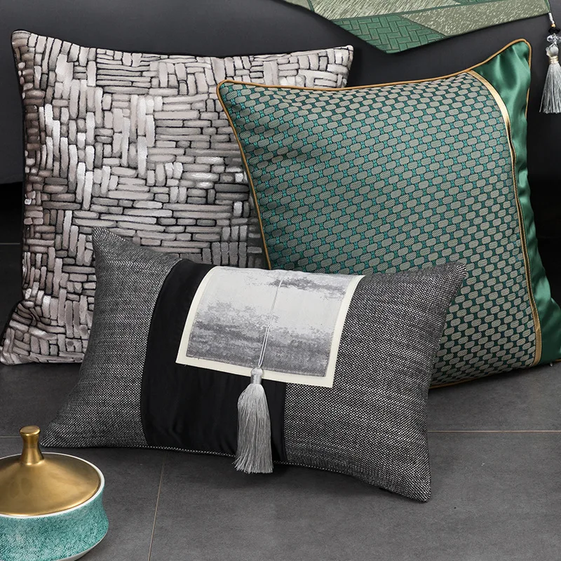 

Modern luxury deep green jacquard pillow cover decorative cushion cover geometric grey black lumbar pillowcase