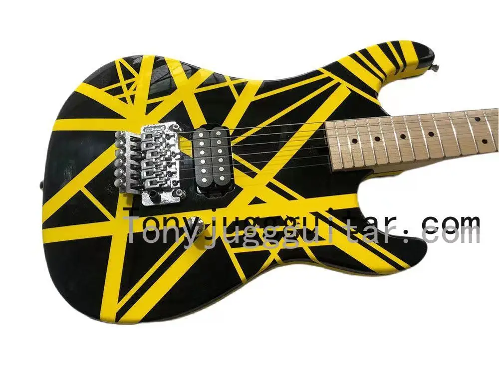 

Edward Van Halen 5150 Yellow Stripe Black Electric Guitar Banana Headstock, Floyd Rose Tremolo Bridge, Locking Nut, Whammy Bar