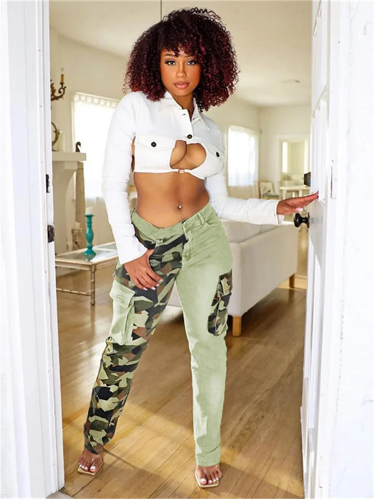 

Casual Street Baggy Cargo Pants Women High Waist Khaki Jeans Patchwork Pocket Pants 2023 Camouflage Denim Trousers Dropshipping
