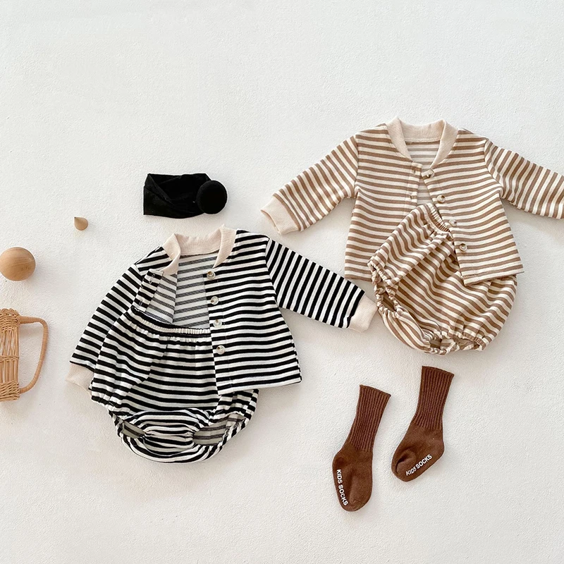 

0-36M Newborn Baby striped Clothing Set Two-piece Cardigan+Shorts Suit Long-sleeved Baby Boy Girl Clothes