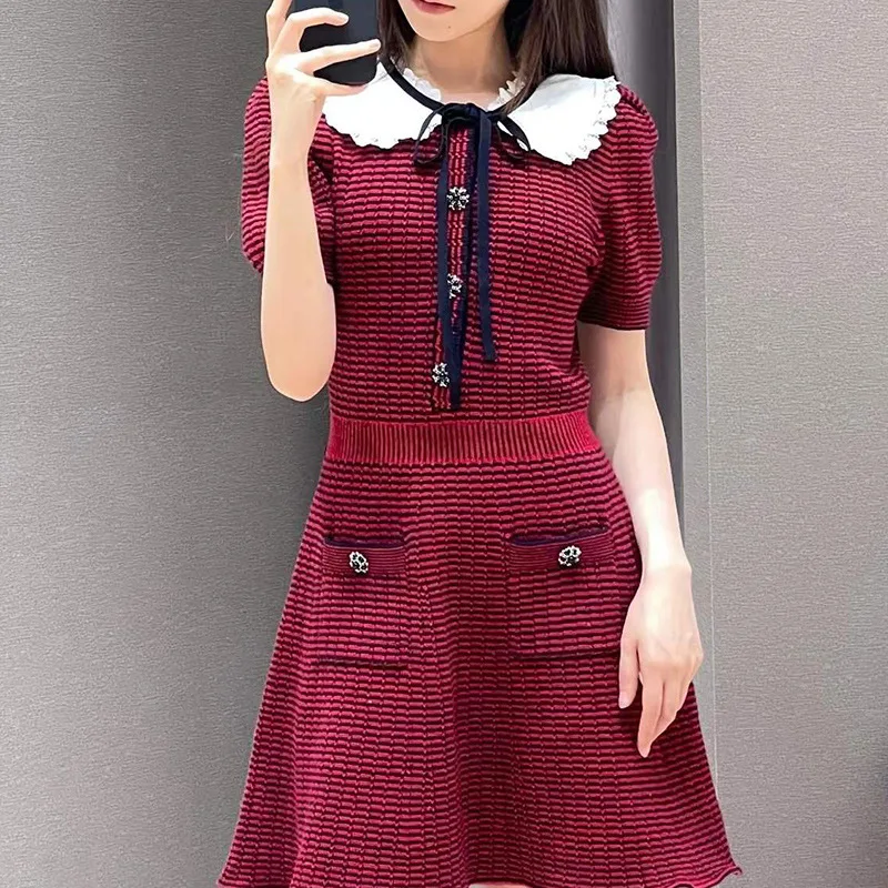 

Spring 2022 New Elegant Party Doll Collar Lace Up Knitted Short Sleeve Casual Dress
