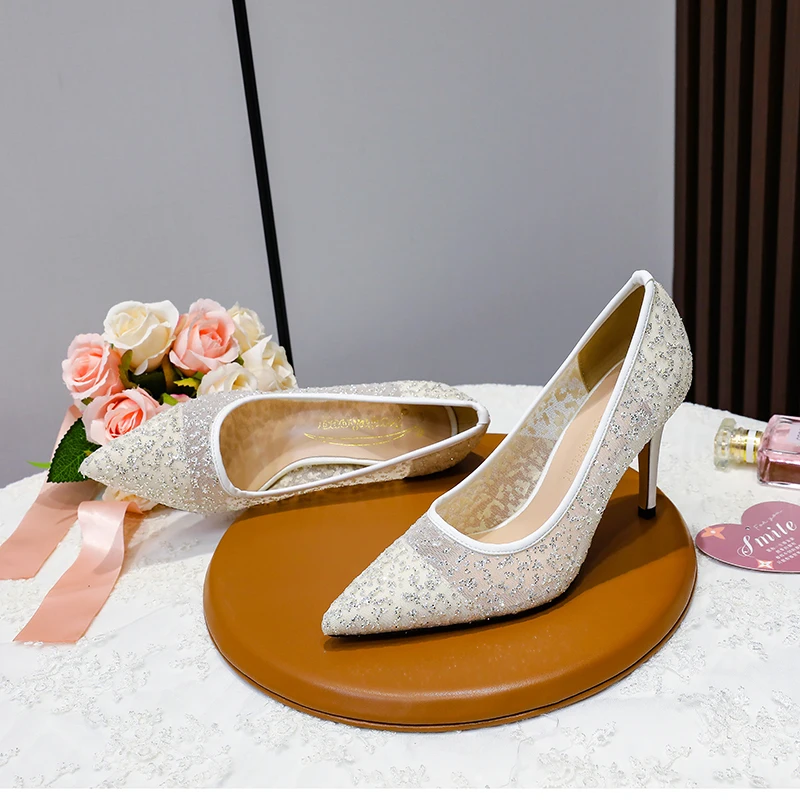 

Hot Women's Sexy Bridal Wedding Pump Bridesmaid Mesh Lace Up Pointed Toe Thin Heels Women Evening Party High Heels Pumps Shoes