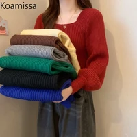 koamissa fashion women solid loose sweater knitted lady chic casual square collar jumpers 2022 outwear all match pullovers