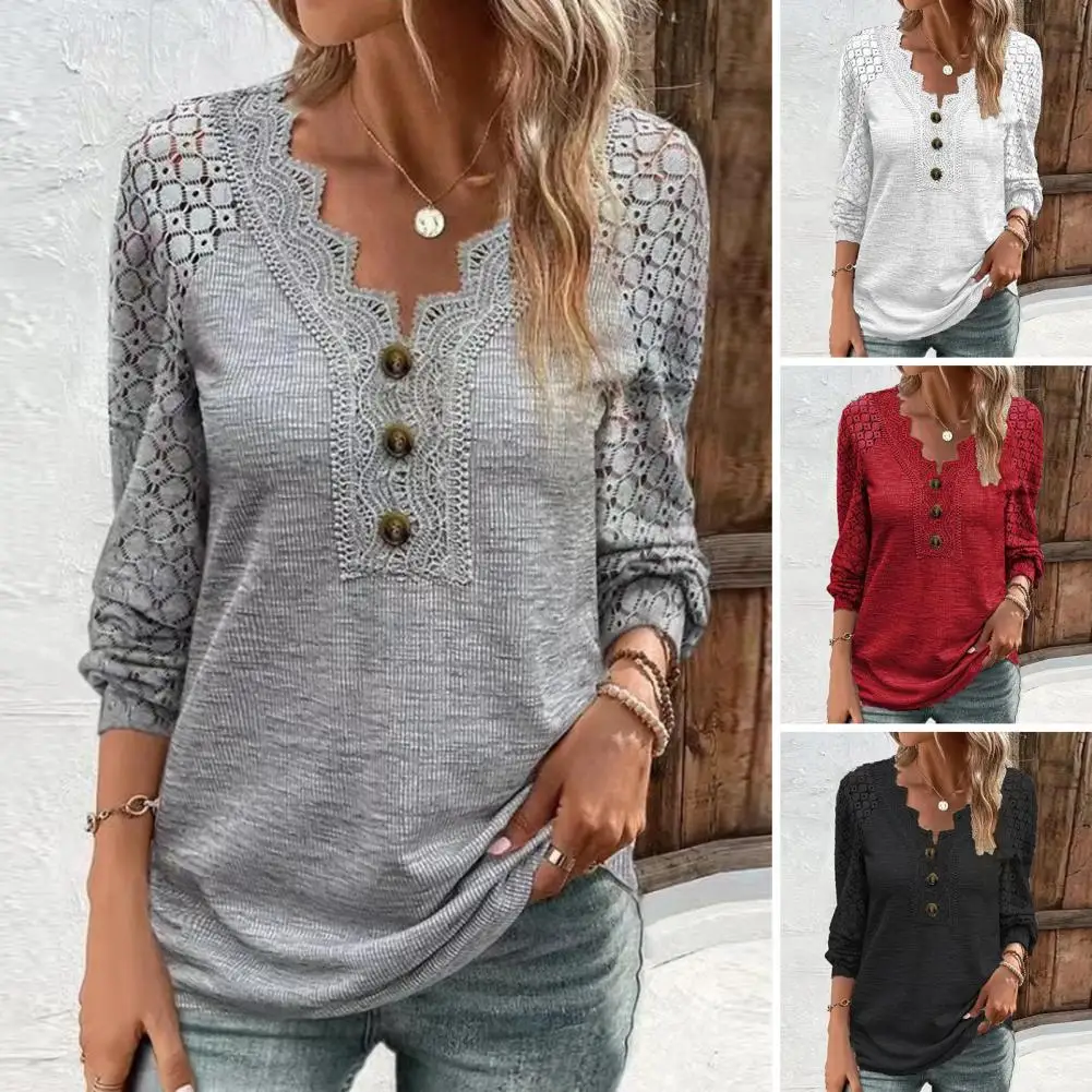 

Women Lace Shirt Chic Lace-decorated Women's Tops Soft Breathable Pullovers Buttoned V-necks for Spring Fall Fashion Hollow Out