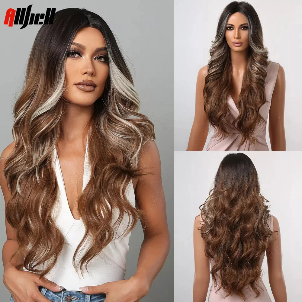 

Длинные волнистые коричневые синтетические парики Омбре, хайлайтер, светлый волнистый парик для черных женщин, натуральные парики средней ...