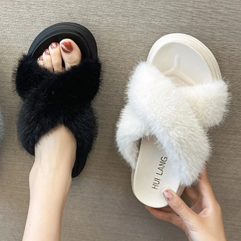 

Женские массивные шлепанцы, зимние меховые шлепанцы на толстой подошве, 2022
